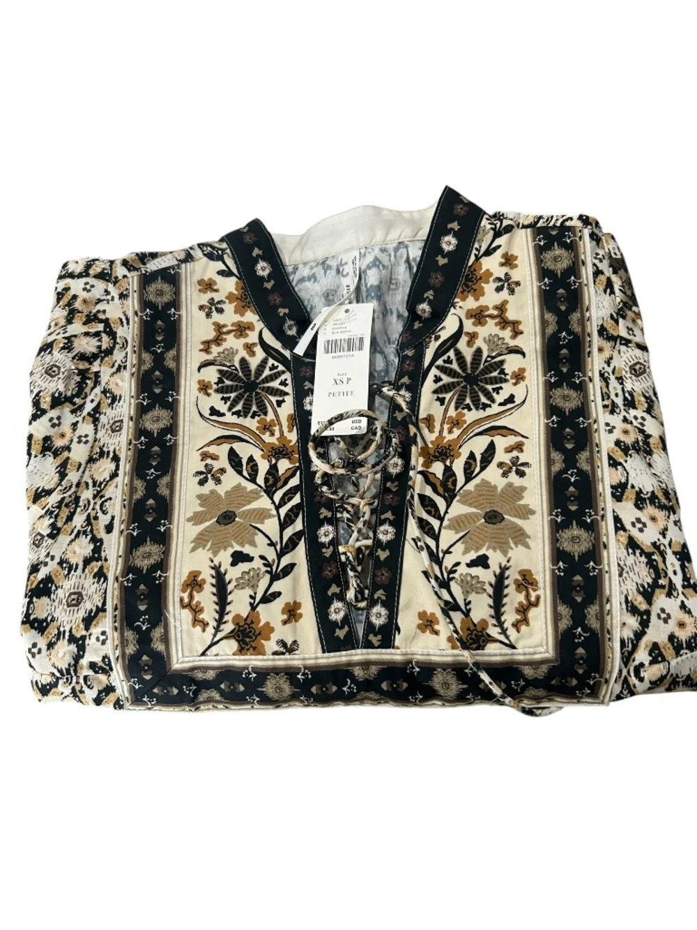 Anthropologie Pleated Puff-Sleeve Blouse Black Motif Size XSP